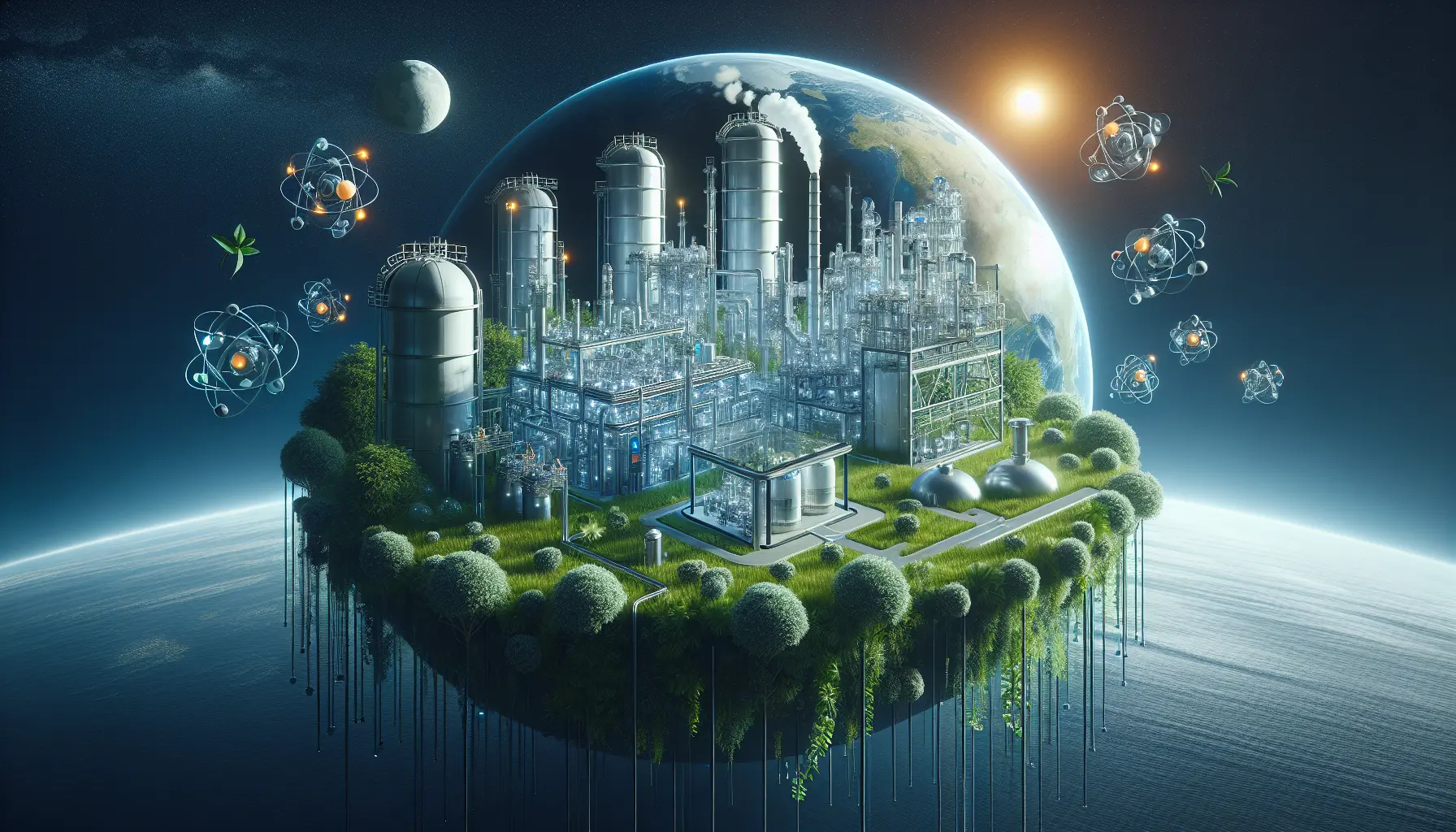 Rappresentazione visiva di tecnologie sostenibili, come la cattura del carbonio e l'energia a idrogeno, integrate in un ambiente urbano pulito.