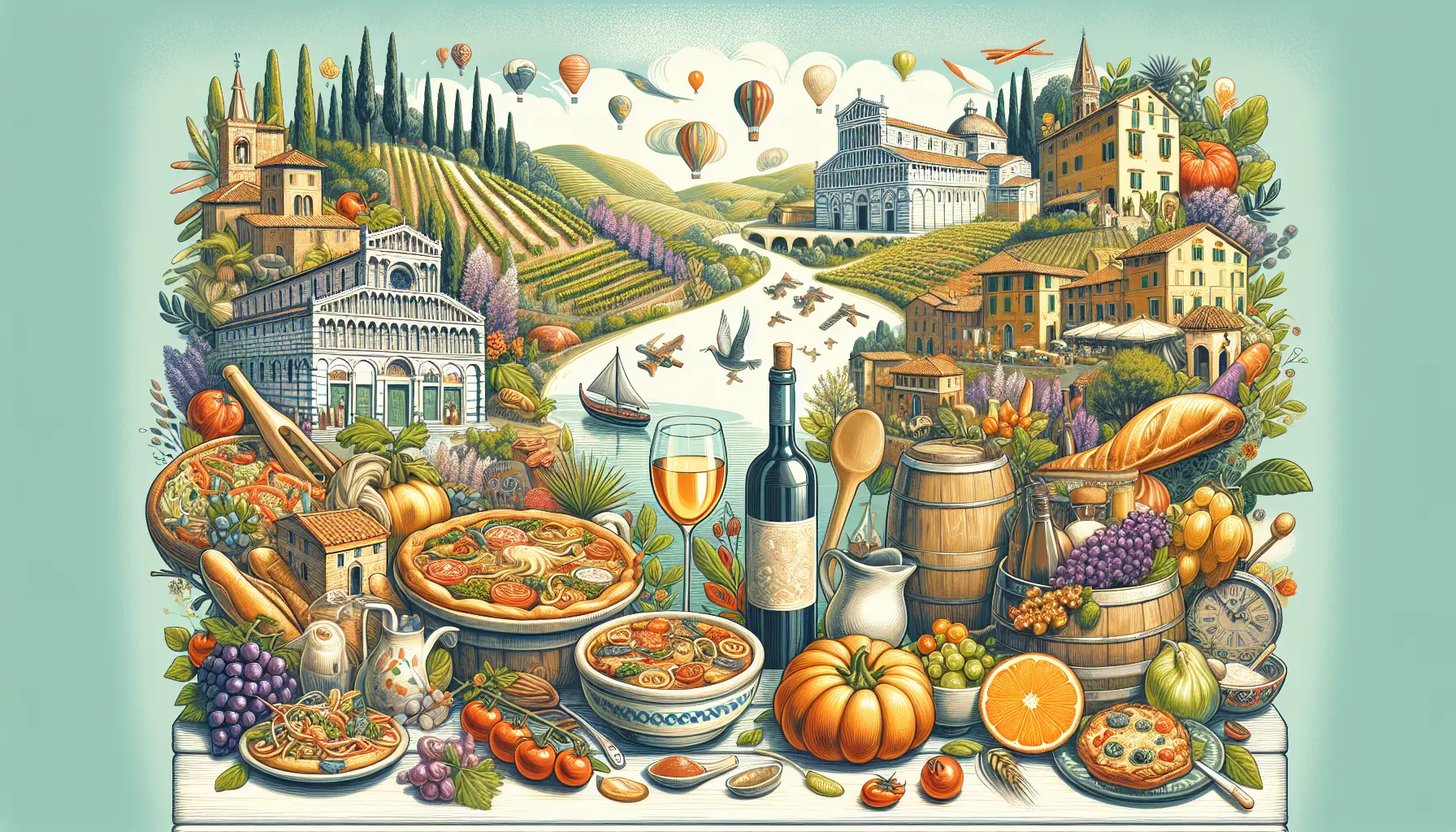 Un tavolo imbandito con piatti tipici italiani e vini regionali
