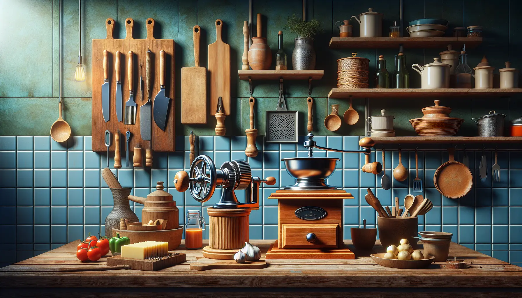 Un assortimento di utensili da cucina tradizionali italiani su un tavolo di legno