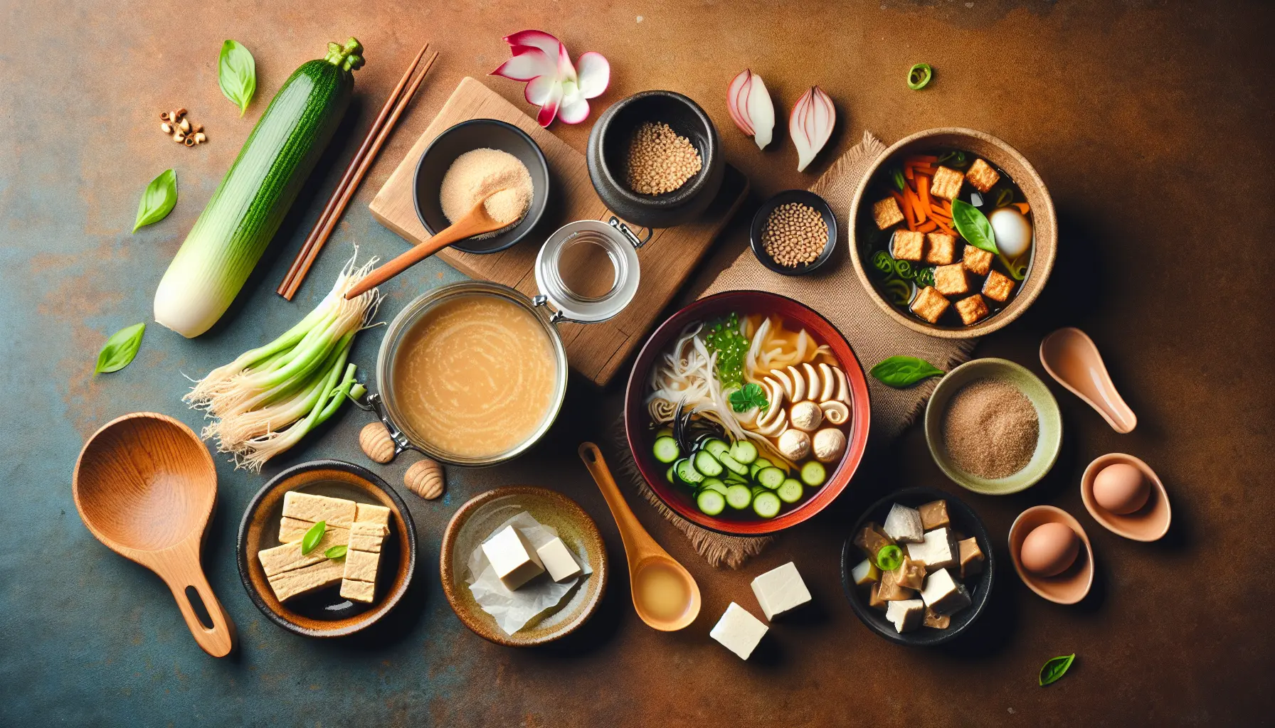 Zuppa di miso con tofu e verdure, servita in una ciotola di ceramica, con bastoncini e ingredienti freschi sul tavolo.
