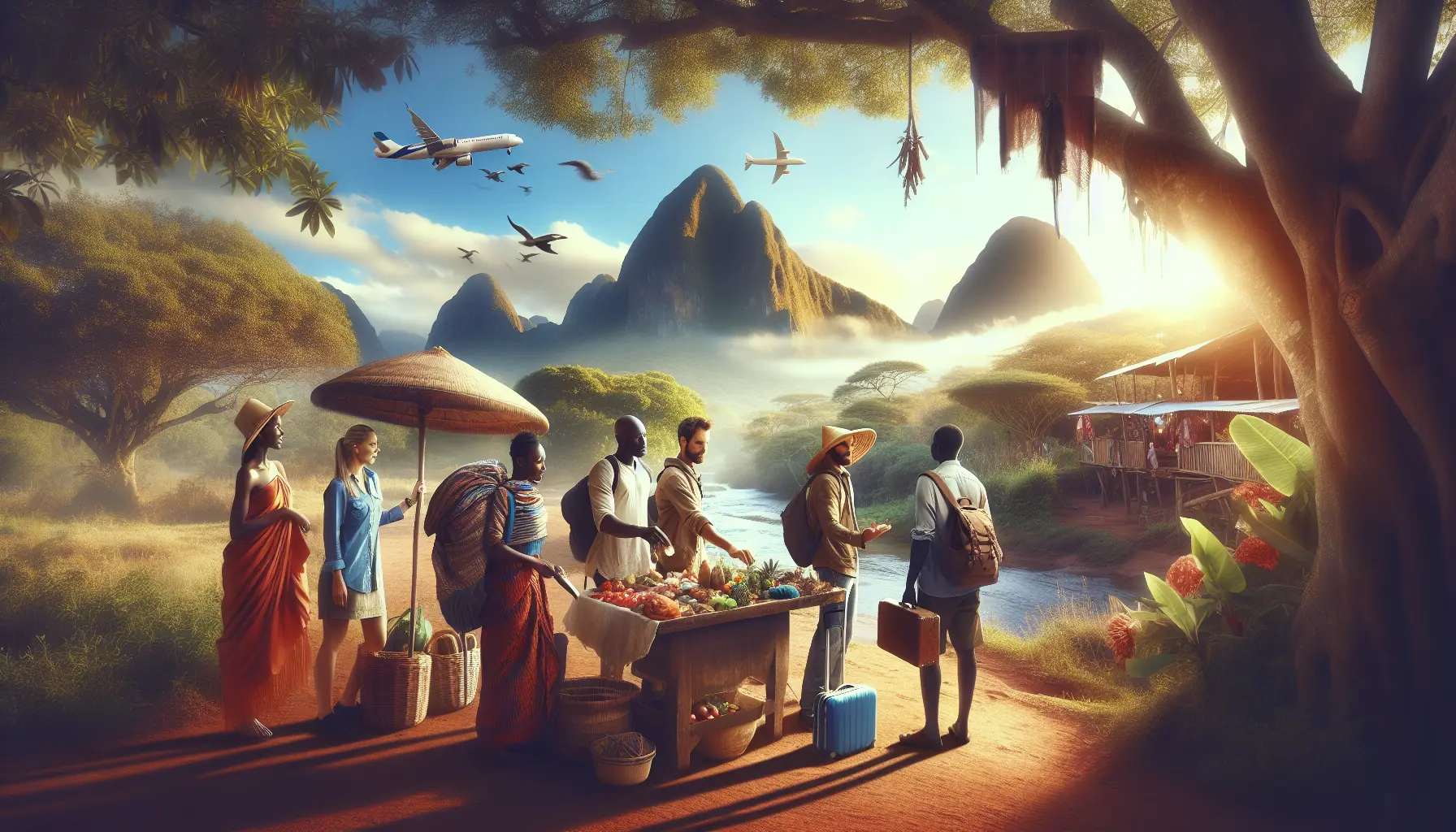 Un gruppo di viaggiatori esplora un affascinante mercato locale, immerso nella cultura e nell'emozione del viaggio.