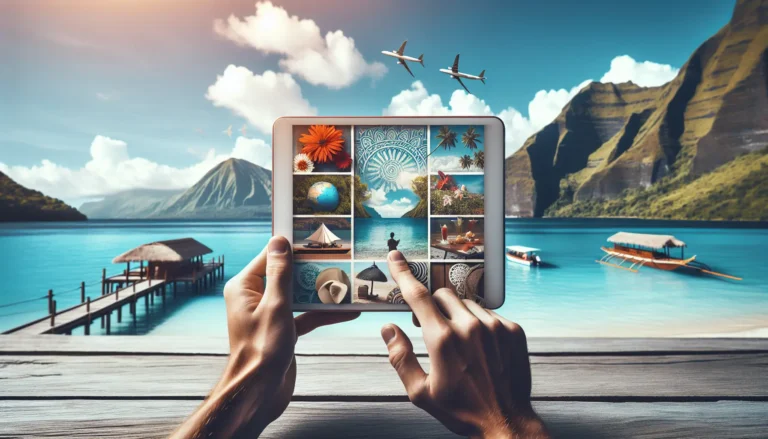 Un paesaggio tranquillo di una destinazione di viaggio lontana dalle rotte turistiche, con natura lussureggiante e un'atmosfera serena.