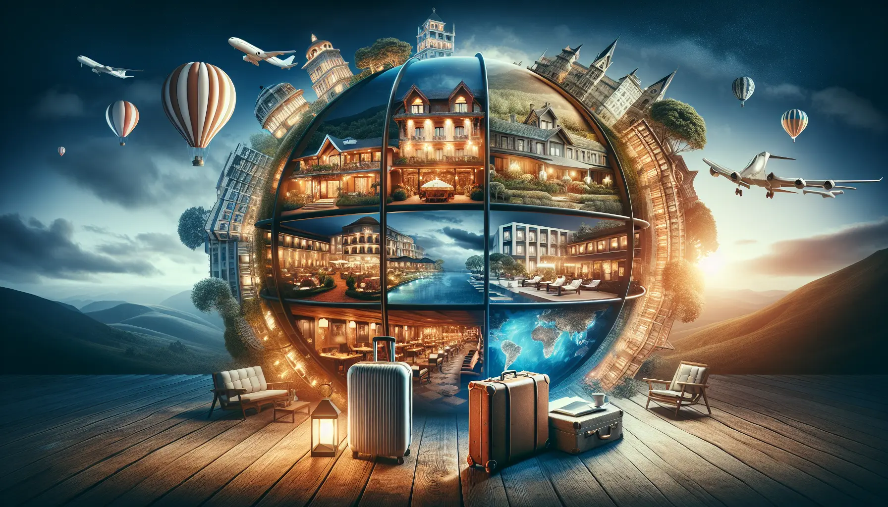 Un elegante hotel con vista panoramica su una città illuminata di sera