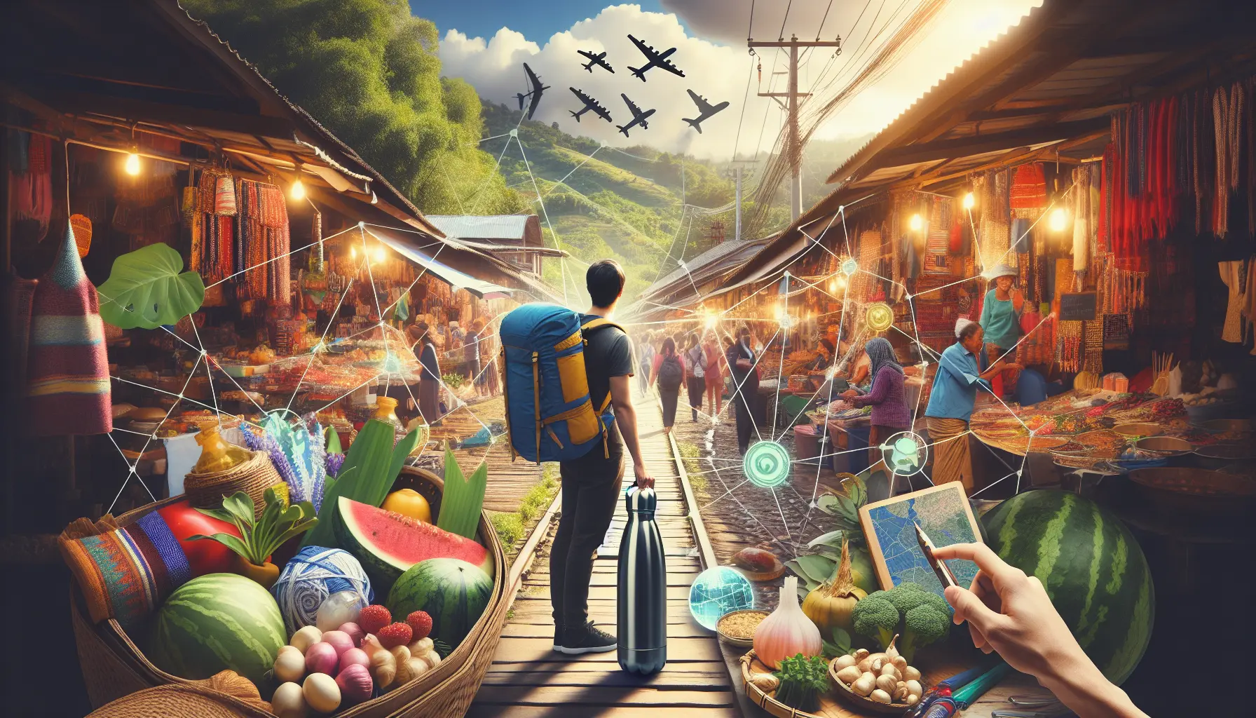 Viaggiatori che esplorano un mercato locale, immersi nella cultura e nella tradizione.