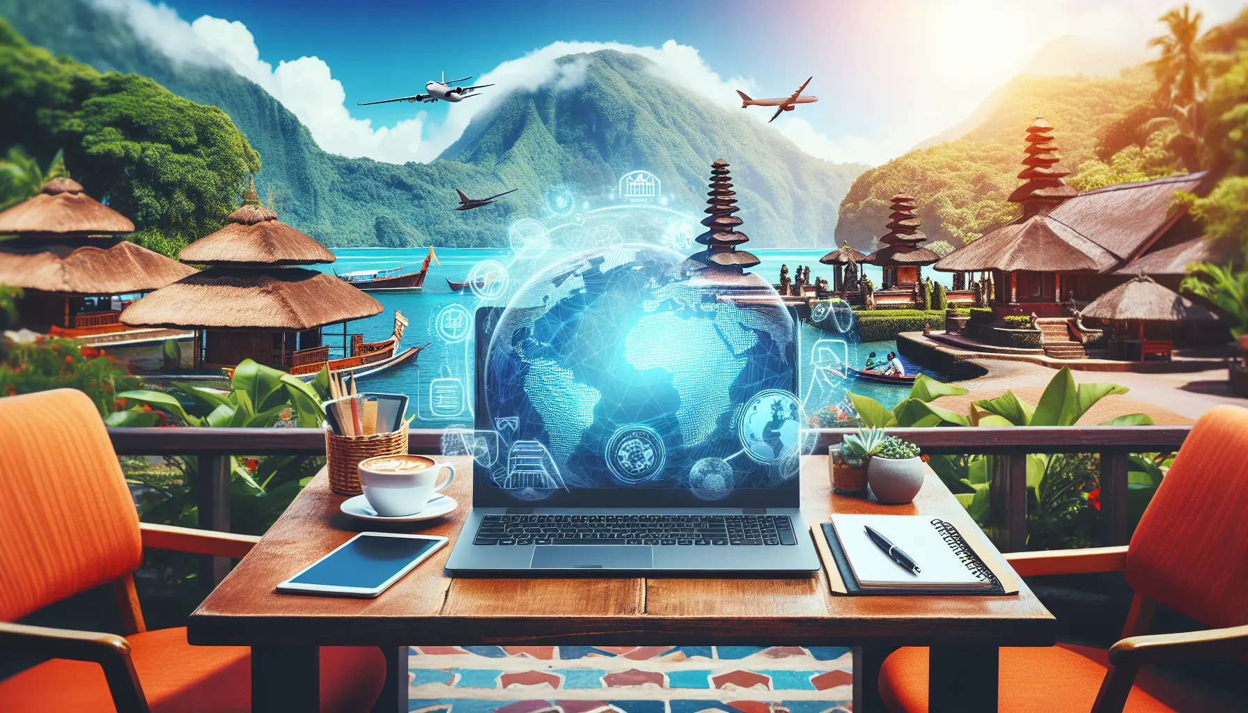 Un giovane professionista lavora al laptop in una caffetteria all'aperto con vista su una spiaggia tropicale.
