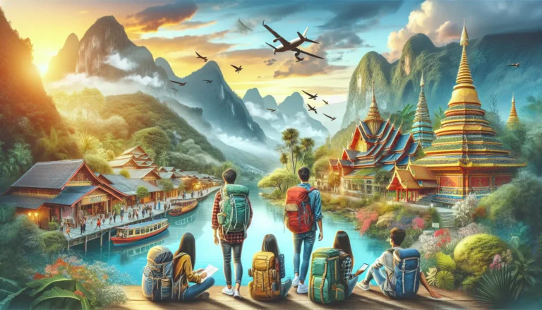 Un gruppo di studenti che esplorano una città europea con zaini, sorridenti e pieni di entusiasmo.