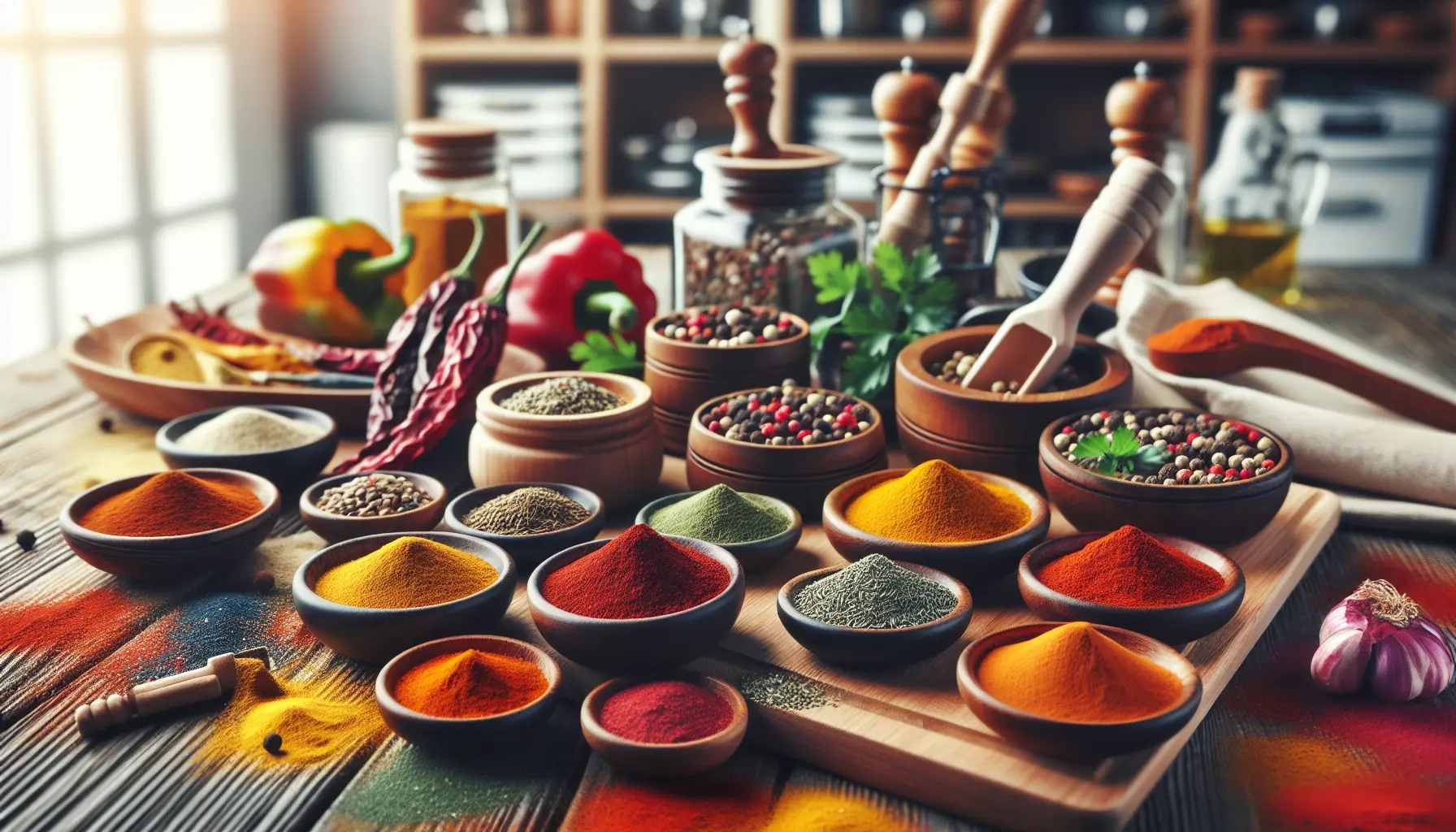 Un assortimento di spezie colorate in barattoli di vetro, pronte per essere utilizzate in cucina.