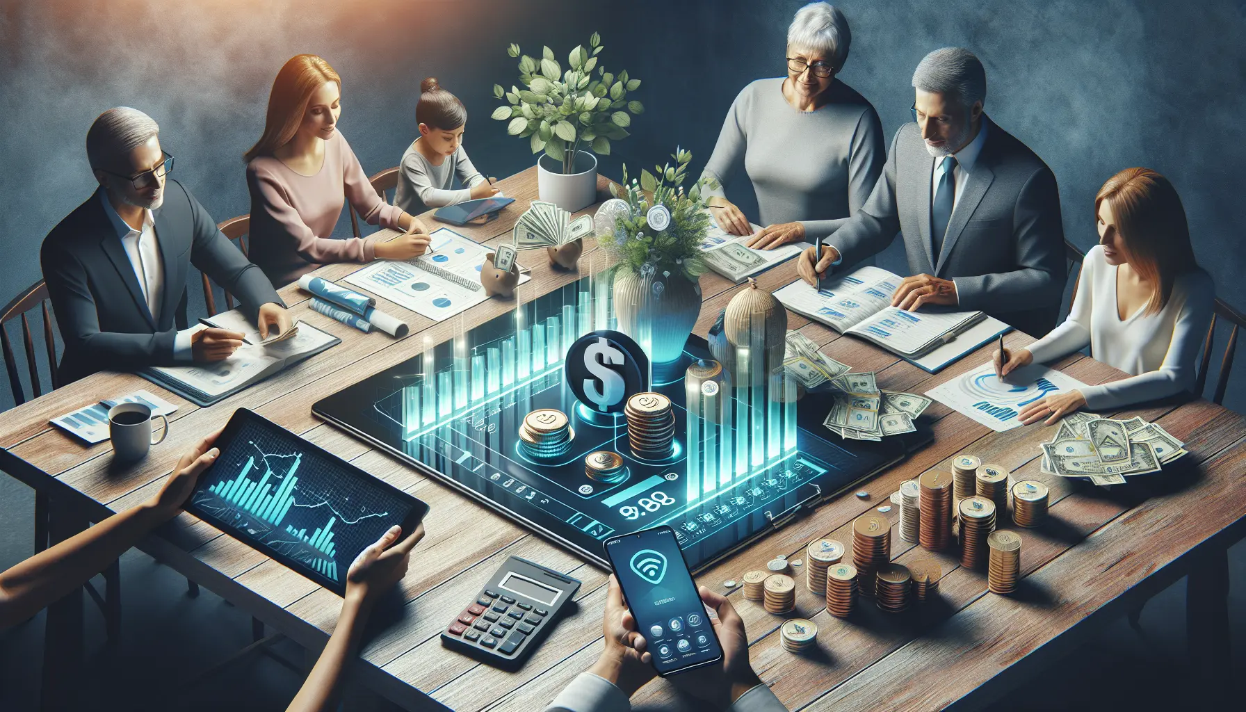 Rappresentazione grafica di un budget familiare con elementi di risparmio e investimento