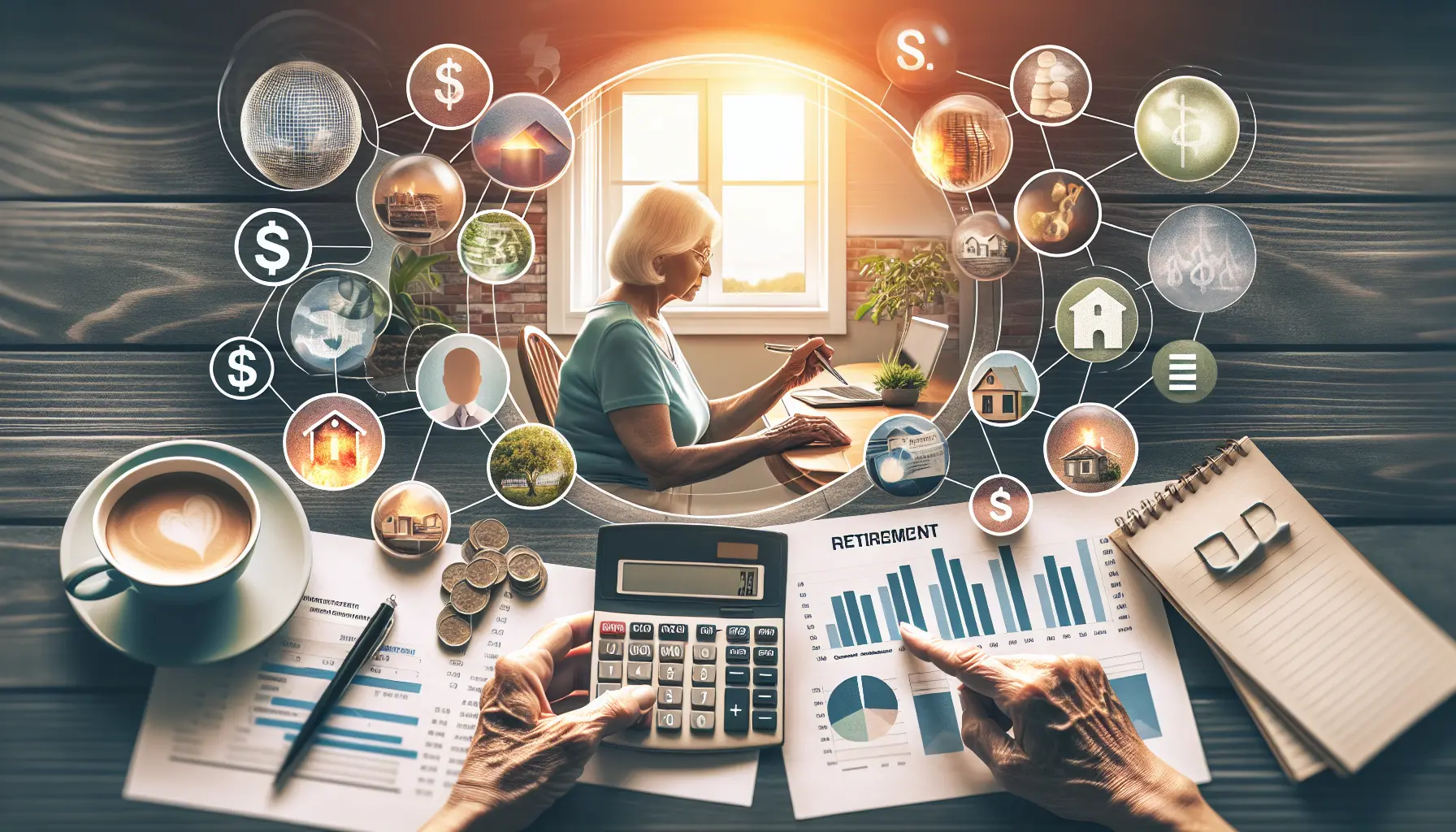 Un'immagine che rappresenta la pianificazione finanziaria per la pensione, con grafici e strumenti di budgeting.
