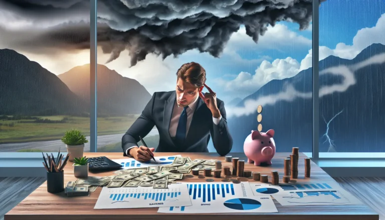 Un'immagine che rappresenta una persona che riflette sulle proprie finanze, con un blocco note e una calcolatrice, simboleggiando la pianificazione finanziaria.