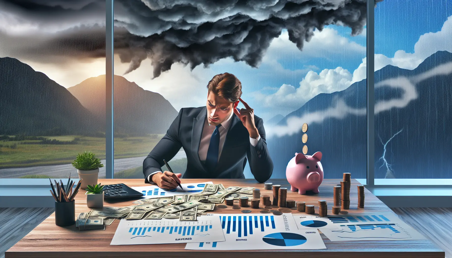 Un'immagine che rappresenta una persona che riflette sulle proprie finanze, con un blocco note e una calcolatrice, simboleggiando la pianificazione finanziaria.