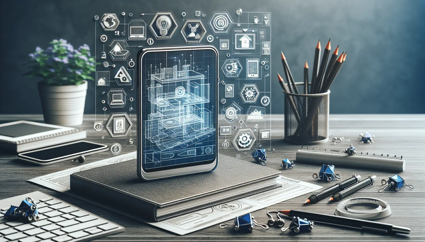 Un imprenditore che lavora su un'app mobile, circondato da strumenti tecnologici e idee innovative.