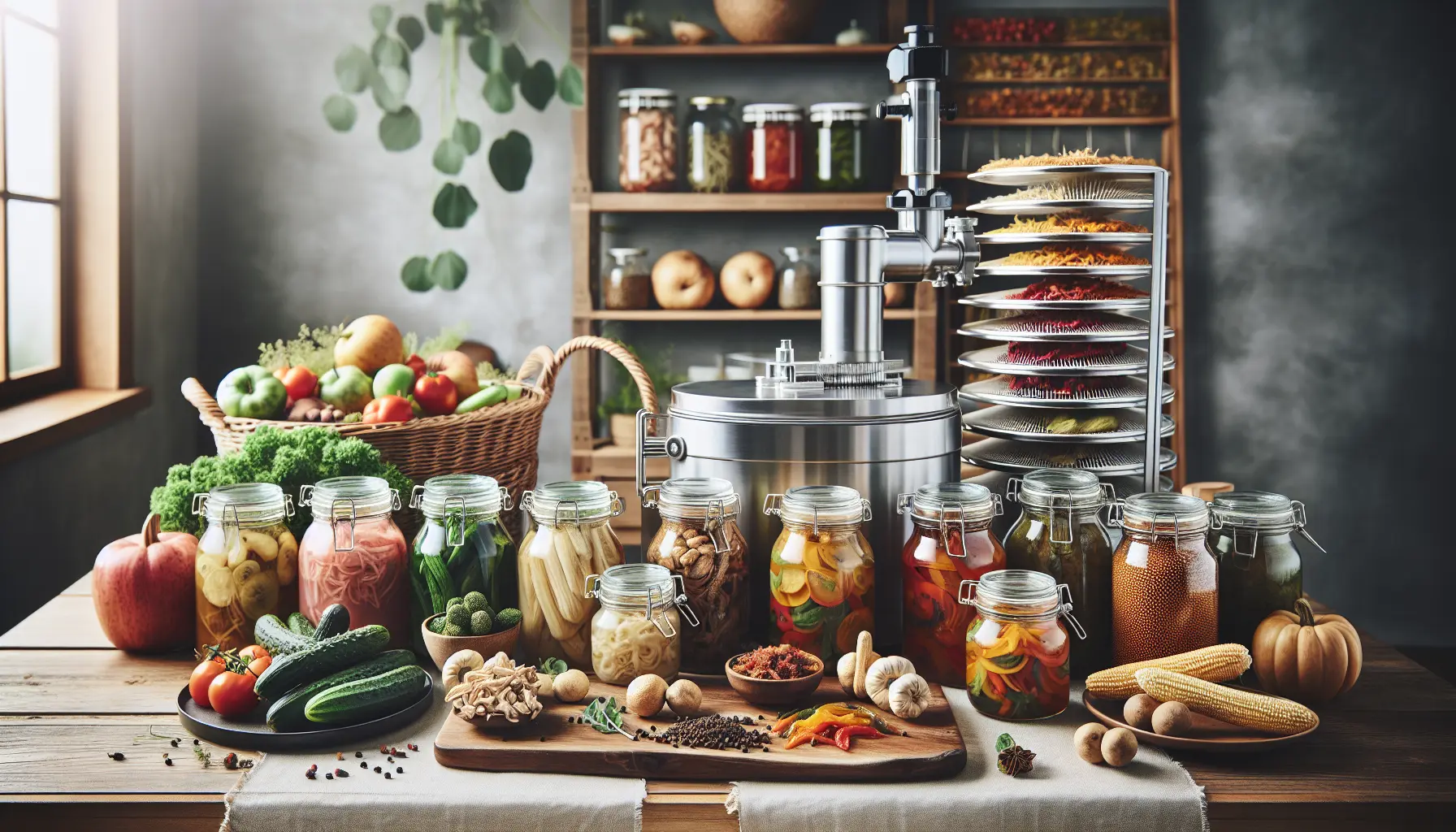 Varietà di alimenti fermentati ed essiccati su un tavolo in legno, rappresentando tecniche di conservazione moderne e tradizionali.