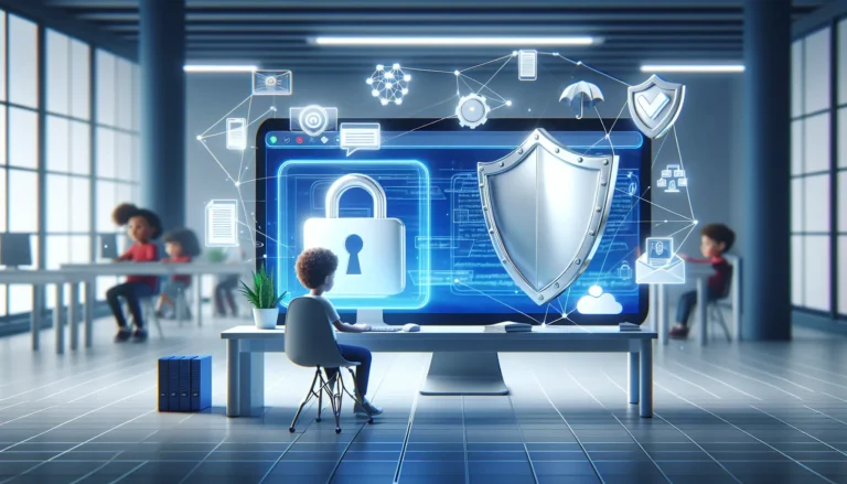 Un genitore che spiega a un bambino come navigare in sicurezza online, con dispositivi tecnologici sul tavolo