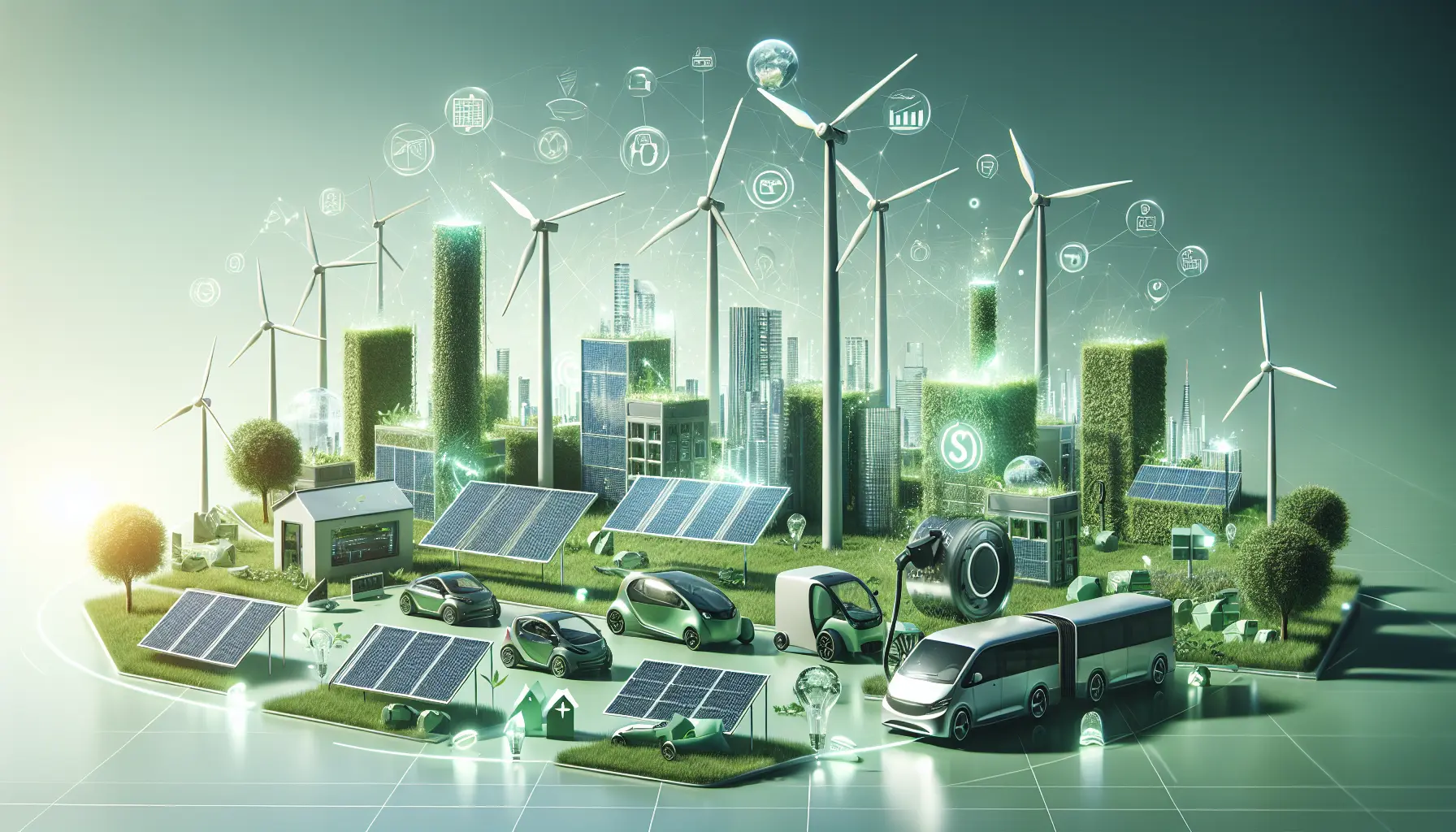 Un'immagine che rappresenta l'innovazione tecnologica nel settore delle energie rinnovabili, come pannelli solari e turbine eoliche.