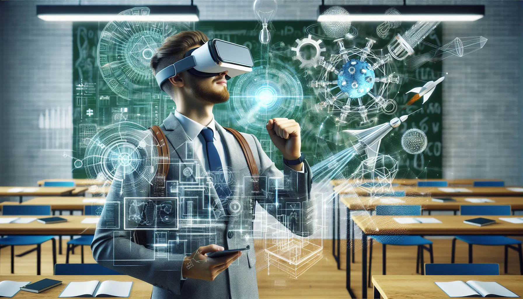 Studente che utilizza un visore VR per esplorare un ambiente educativo immersivo.