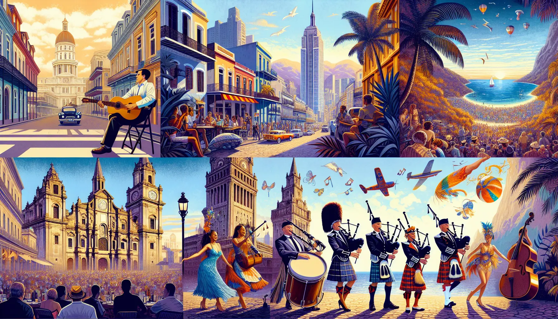 Un gruppo di musicisti che suonano in strada a New Orleans, con un'atmosfera vivace e colorata.