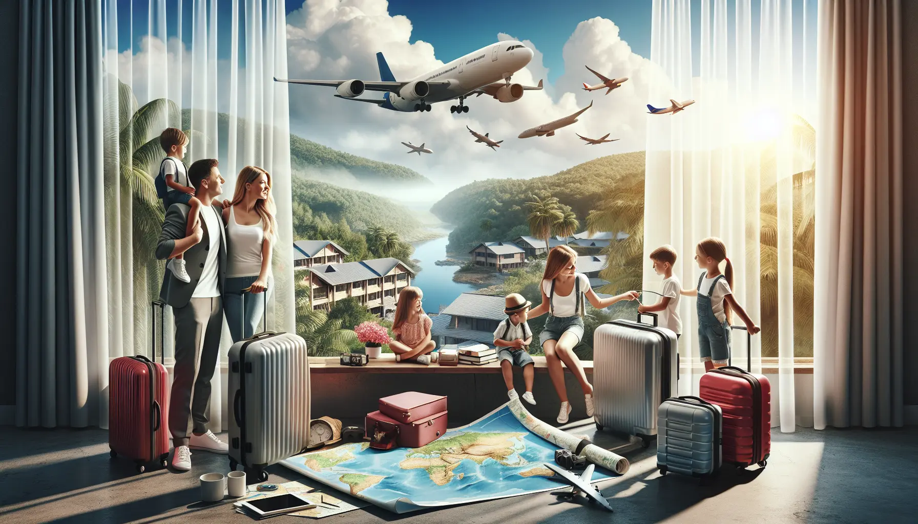 Una famiglia felice in viaggio nella natura, esplorando sentieri e godendo di un picnic all'aperto.