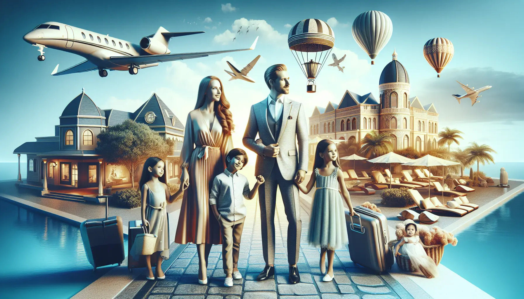 Una famiglia felice in viaggio, esplorando una nuova destinazione con bambini piccoli.