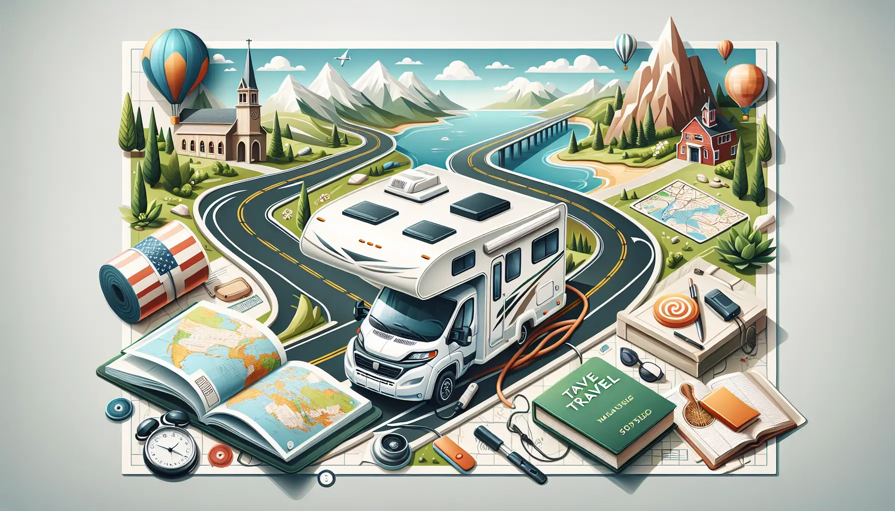Un camper parcheggiato in un paesaggio naturale, circondato da montagne e alberi, rappresentando l'avventura di viaggiare su quattro ruote.
