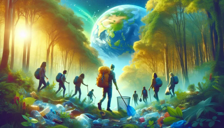 Un gruppo di giovani avventurieri che esplorano un sentiero naturale circondato da alberi e vegetazione lussureggiante.