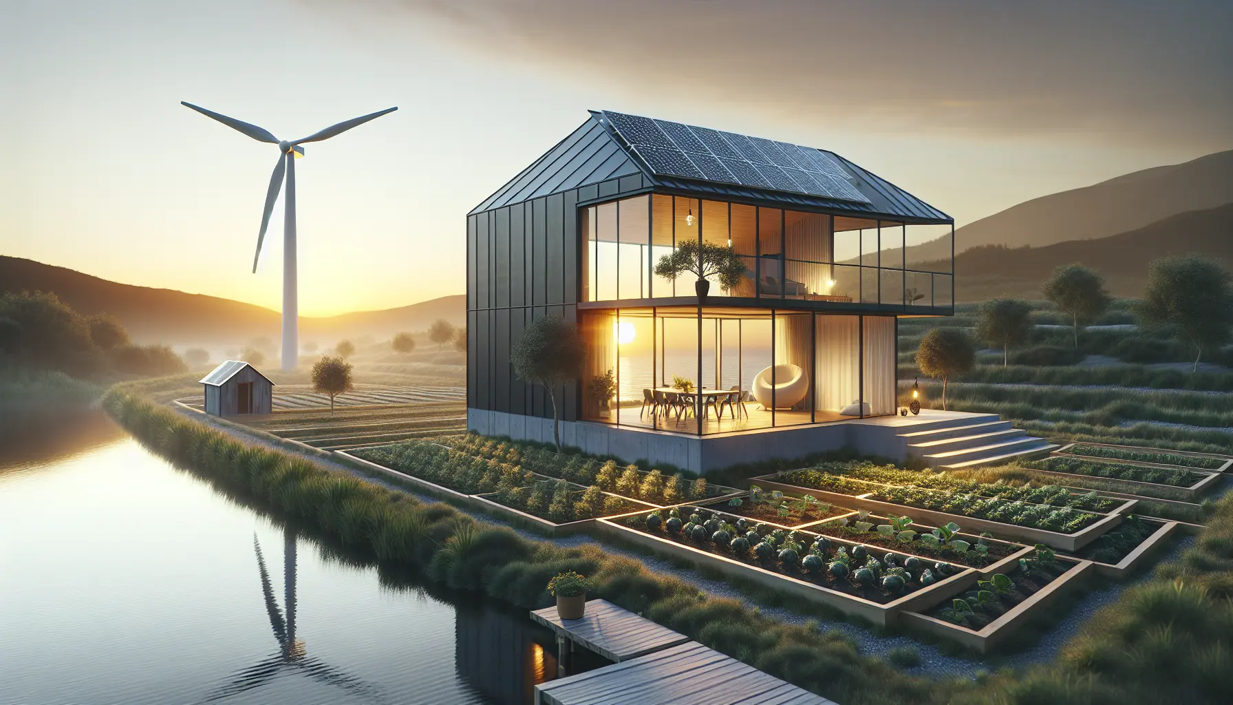 Un paesaggio urbano con pannelli solari e vegetazione, simboleggiando un futuro sostenibile e minimalista.