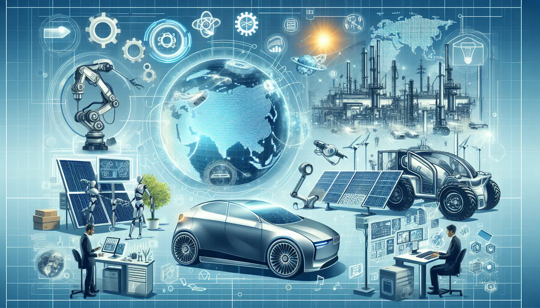 Rappresentazione visiva del concetto di Zappacosta, associato alla tecnologia e innovazione, con elementi di mobilità sostenibile e collaborazione tra esseri umani e macchine.