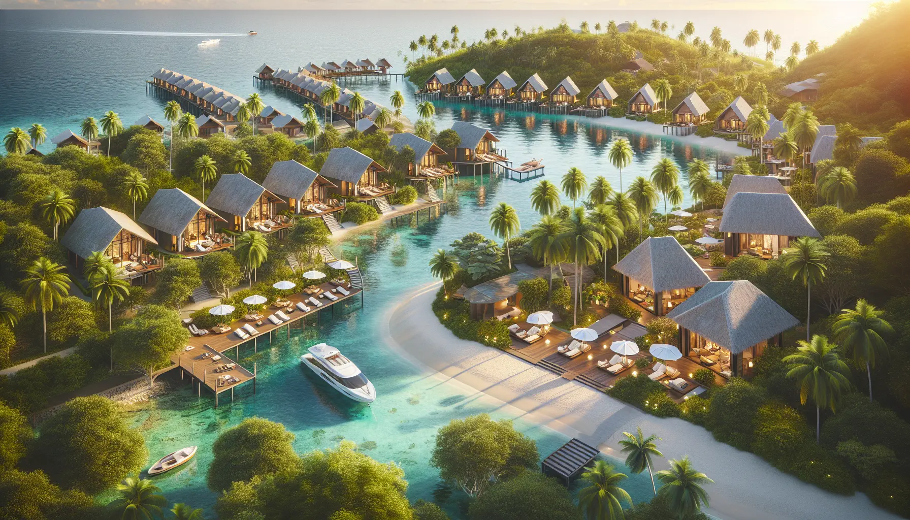 Immagine che rappresenta il contrasto tra turismo di lusso e turismo sostenibile, con un resort esclusivo immerso nella natura.