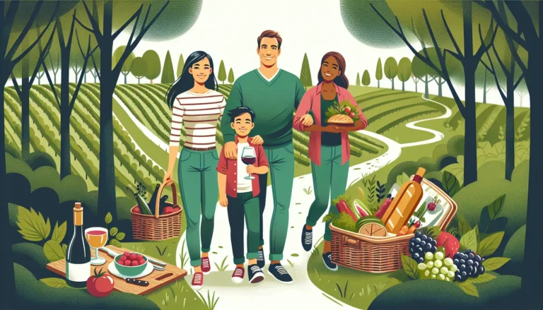 Famiglia che partecipa a un laboratorio di cucina all'aperto in un paesaggio naturale