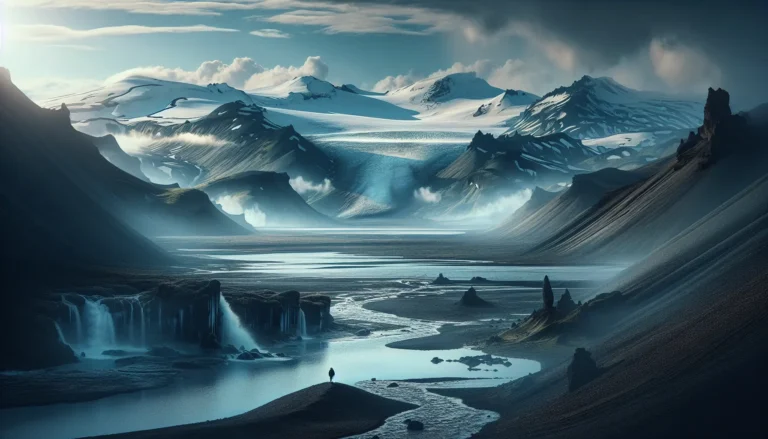 Paesaggio islandese con cascate e montagne sotto un cielo nuvoloso