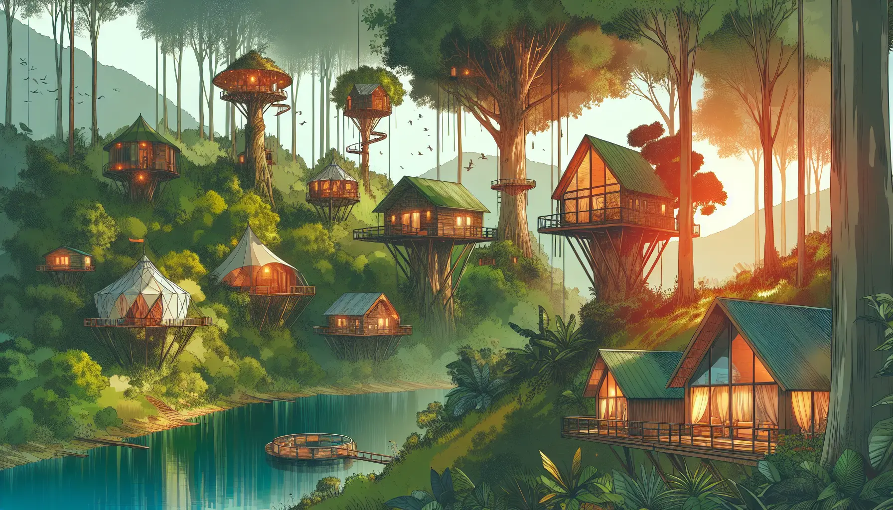 Una casa sugli alberi immersa nella natura, circondata da alberi e vegetazione lussureggiante.