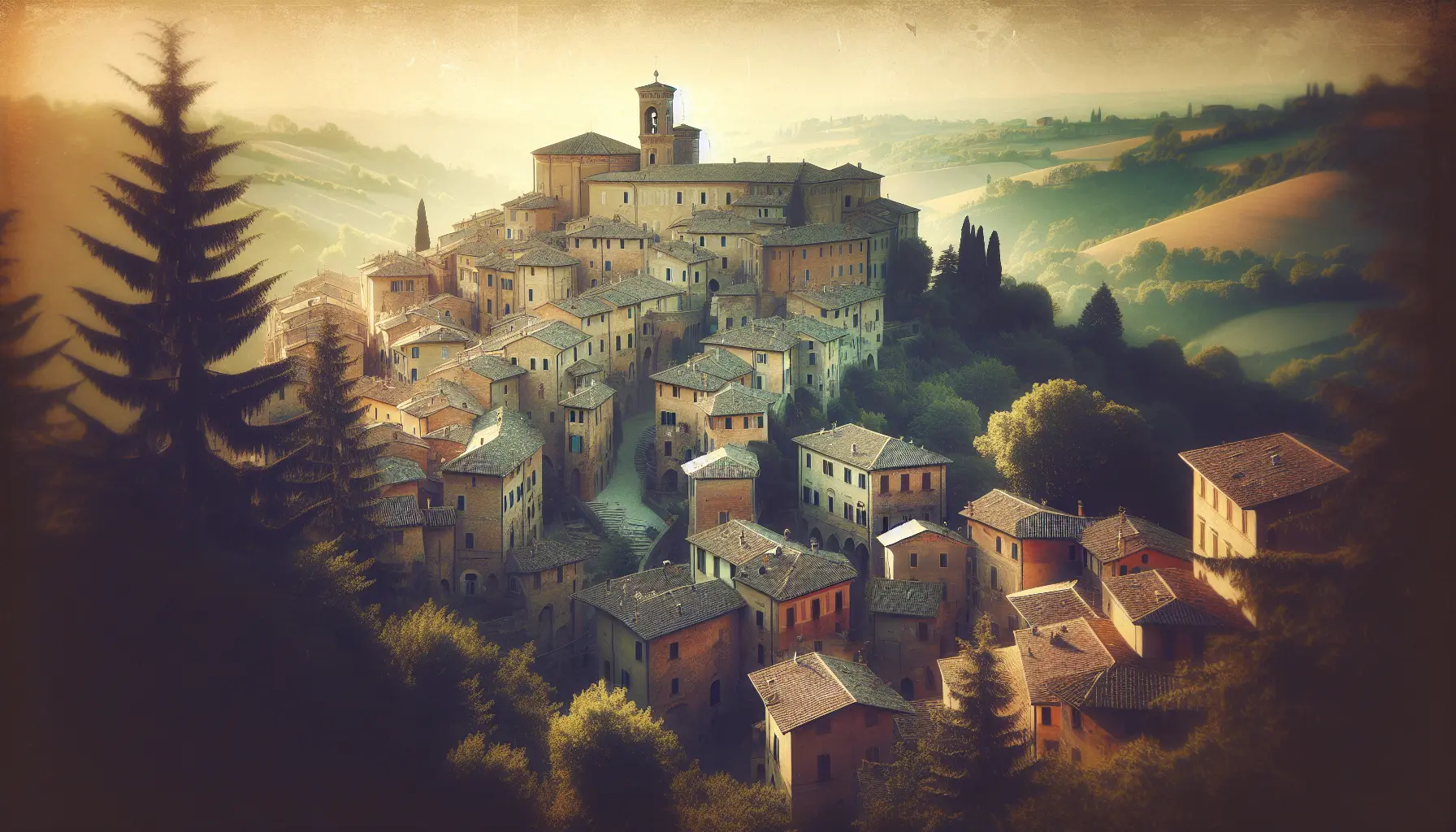 Panorama di Brisighella con le sue colline verdi e la Rocca Manfrediana che svetta nel cielo azzurro.