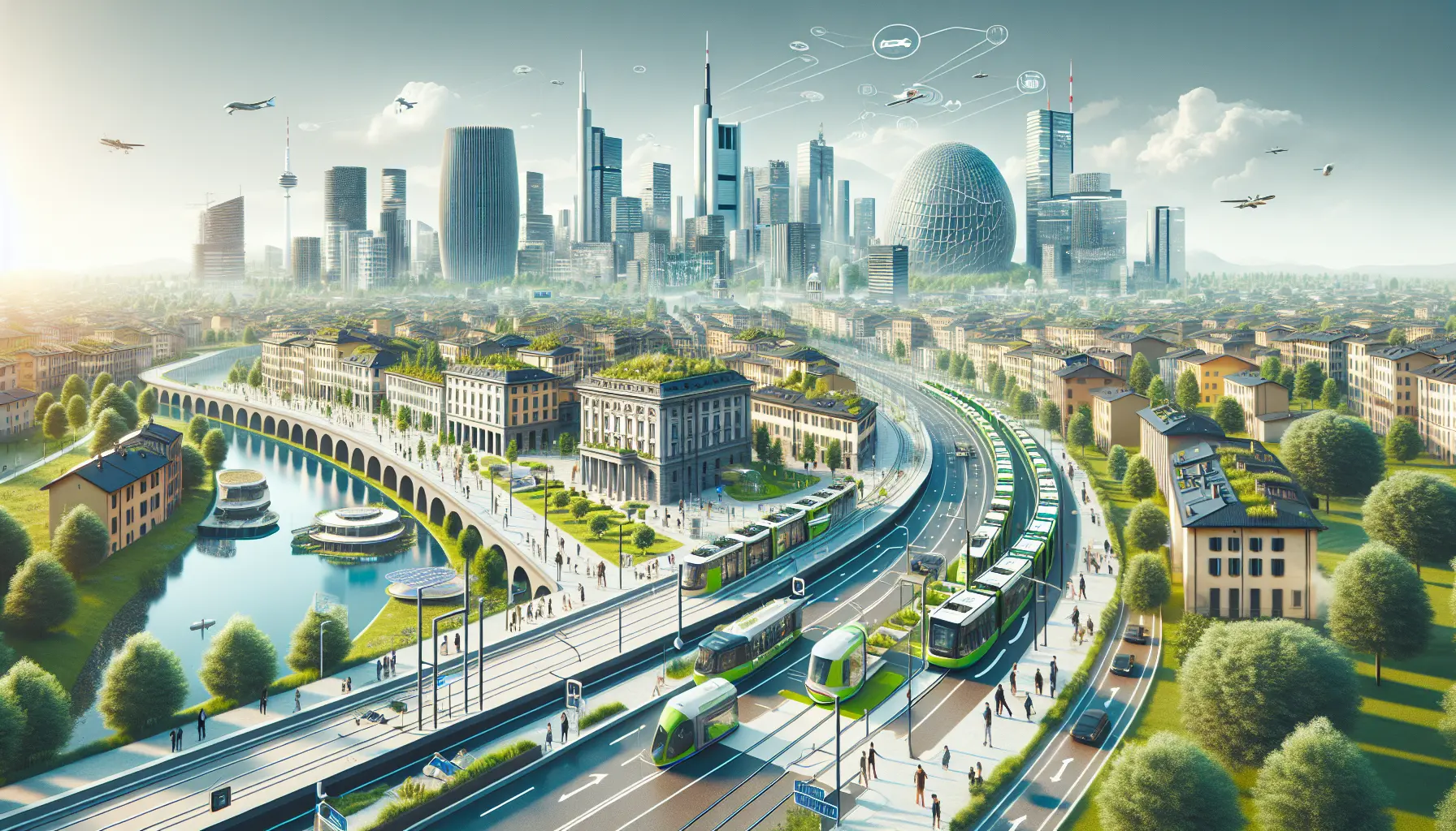 Immagine ispiratrice di una città sostenibile con spazi verdi e tecnologia integrata