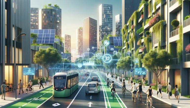 Vista panoramica di una città moderna con edifici sostenibili e spazi verdi