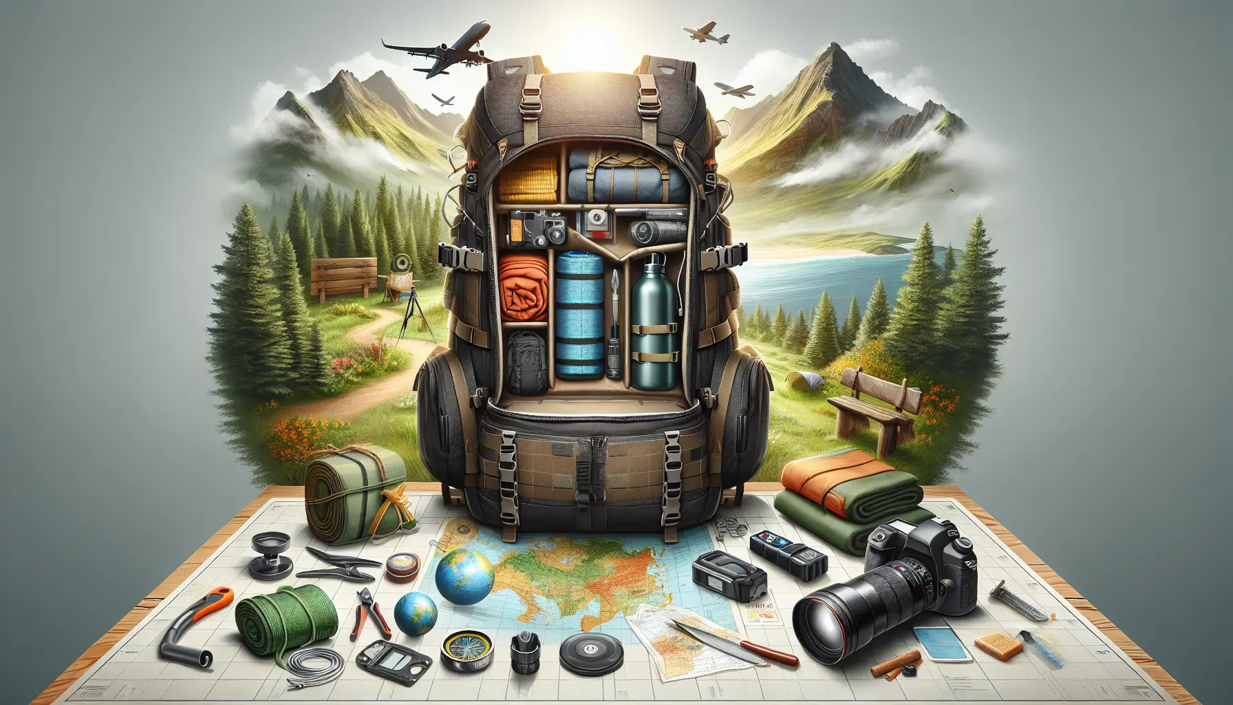 Zaino da trekking ben organizzato in un paesaggio naturale, pronto per un'avventura all'aperto.