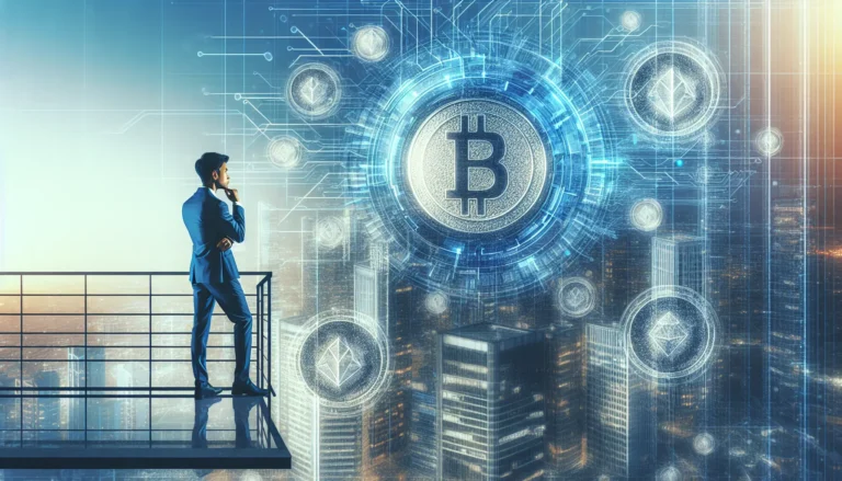 Immagine rappresentativa delle stablecoin e della gestione del rischio finanziario, con grafici e simboli di criptovalute.