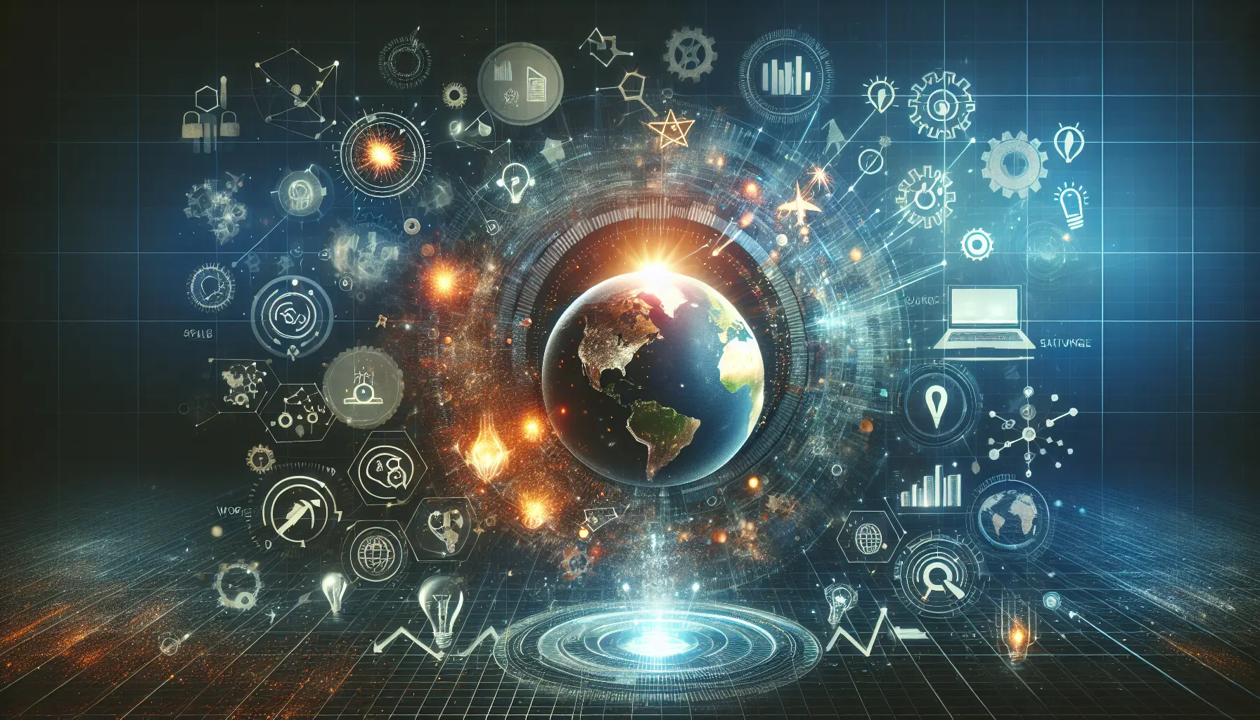 Un gruppo di giovani imprenditori che lavora in uno spazio di coworking, circondato da tecnologia e innovazione.