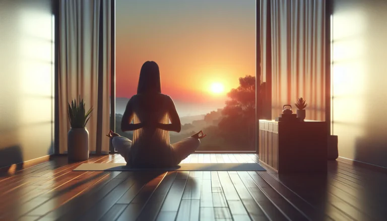 Una persona che pratica yoga al mattino, circondata da un ambiente naturale, mentre il sole sorge all'orizzonte.