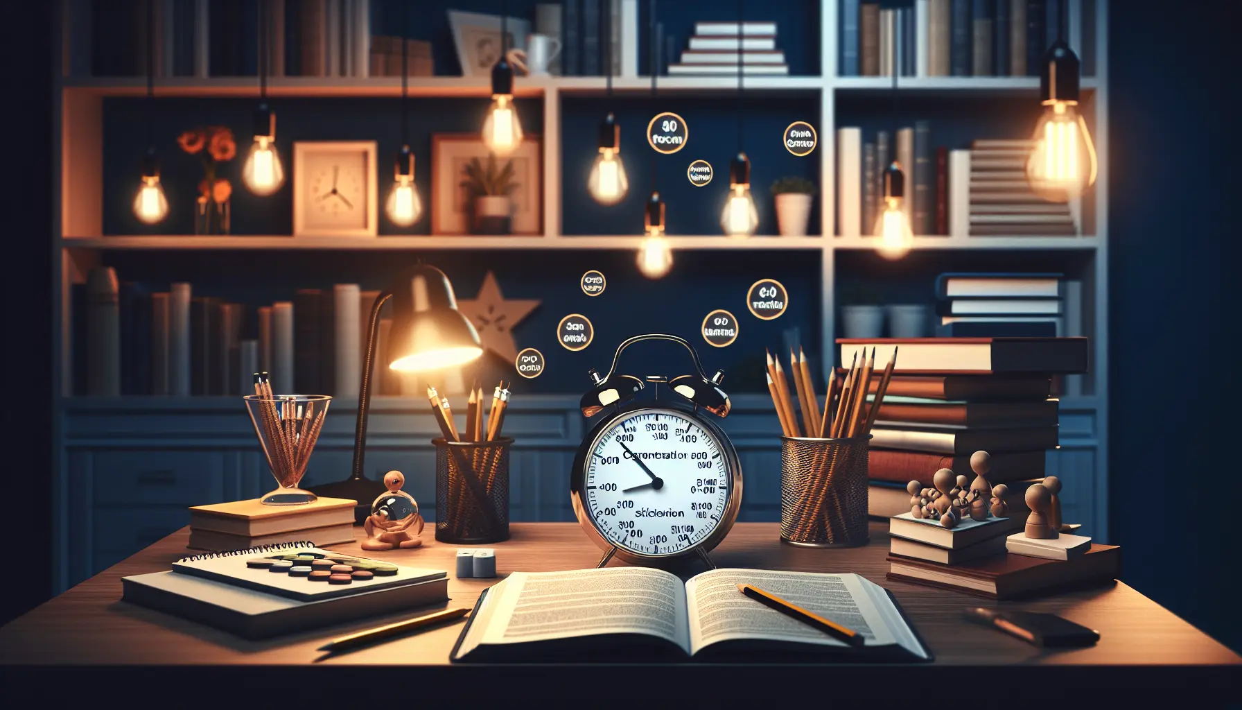 Una persona che studia in un ambiente tranquillo e organizzato, circondata da libri e materiali di studio.