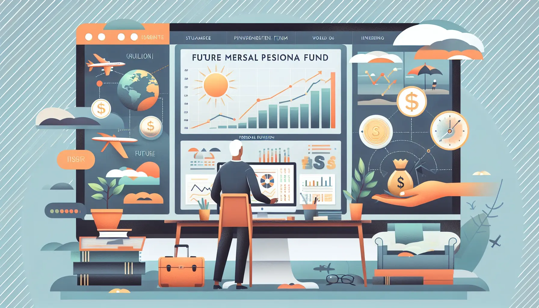 Un giovane professionista che studia grafici finanziari e pianifica il suo fondo pensionistico.