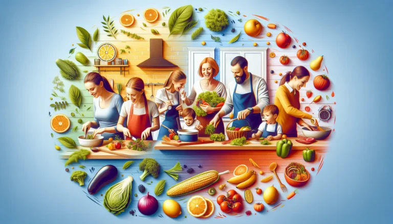 Un assortimento di frutta e verdura di stagione freschi su un tavolo di legno.