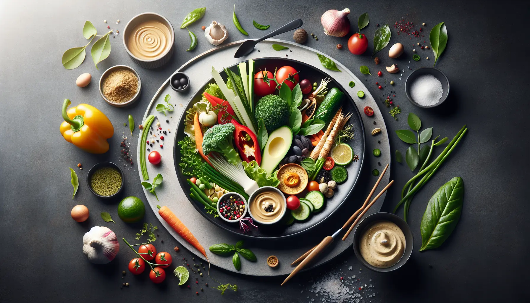 Un piatto di cucina fusion con elementi di diverse culture gastronomiche, rappresentando la creatività e l'innovazione in cucina.