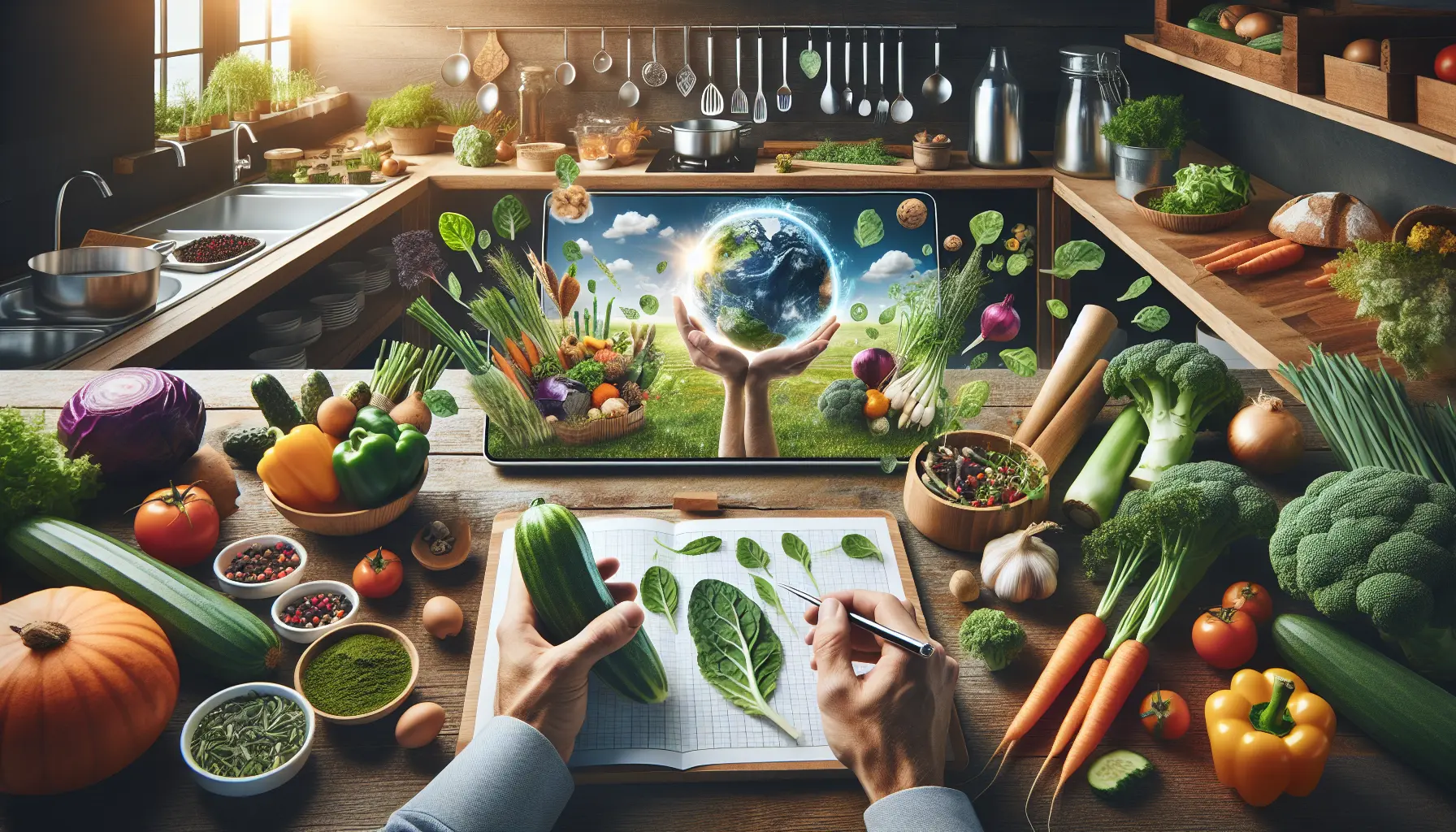 Un tavolo imbandito con piatti colorati e ingredienti freschi, rappresentando la cucina sostenibile.