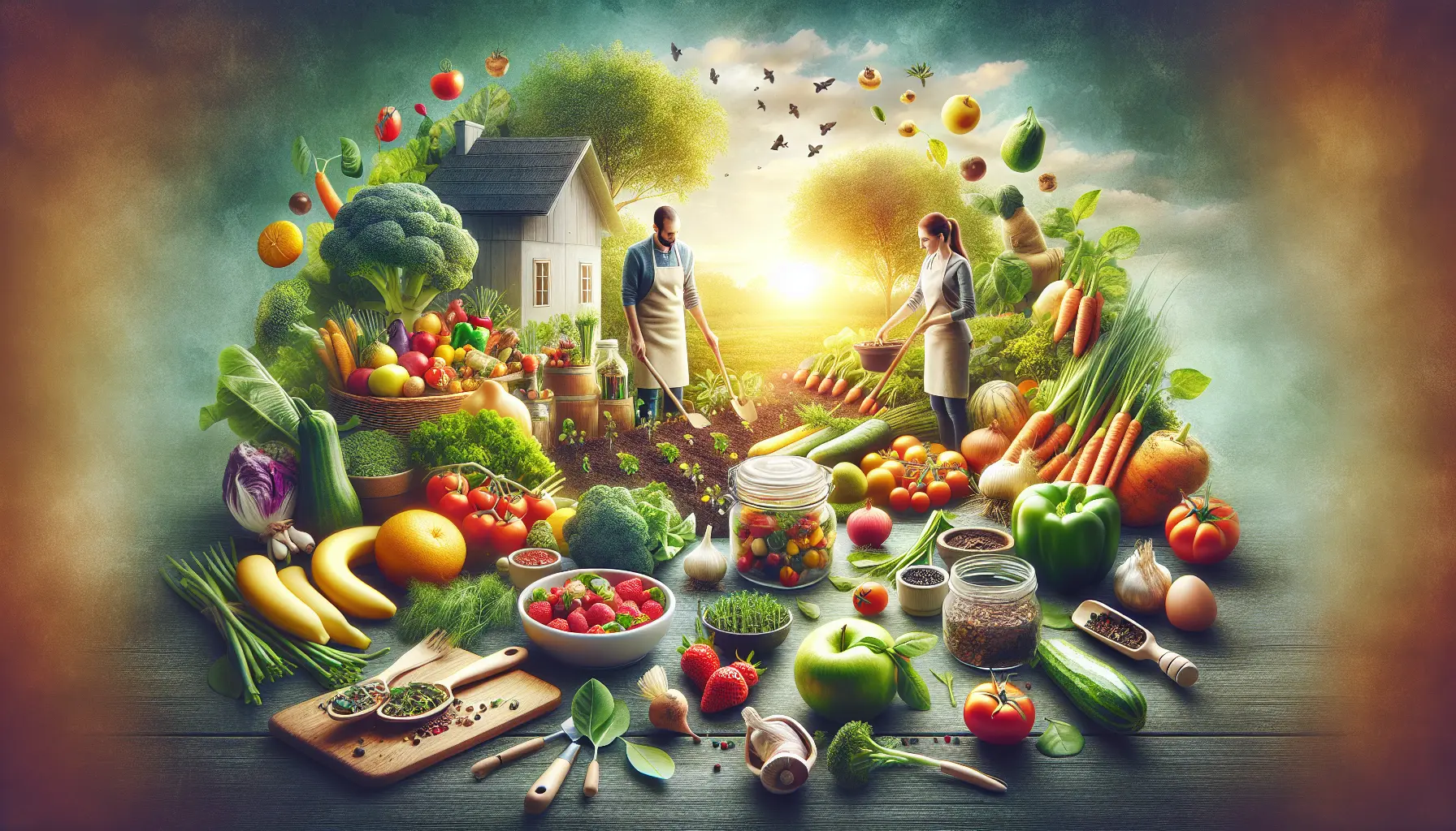 Ingredienti freschi e colorati sul tavolo di una cucina sostenibile, con frutta e verdura di stagione disposti in modo invitante.
