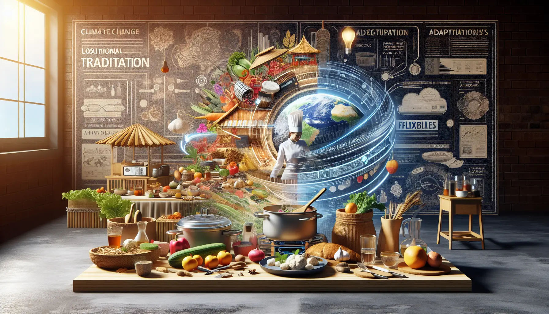 Un piatto tradizionale preparato con ingredienti freschi e locali, rappresentante l'adattamento della cucina tradizionale al cambiamento climatico.