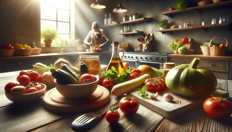 Un piatto colorato di insalata con pomodori freschi e basilico, rappresentante la freschezza degli ingredienti stagionali.