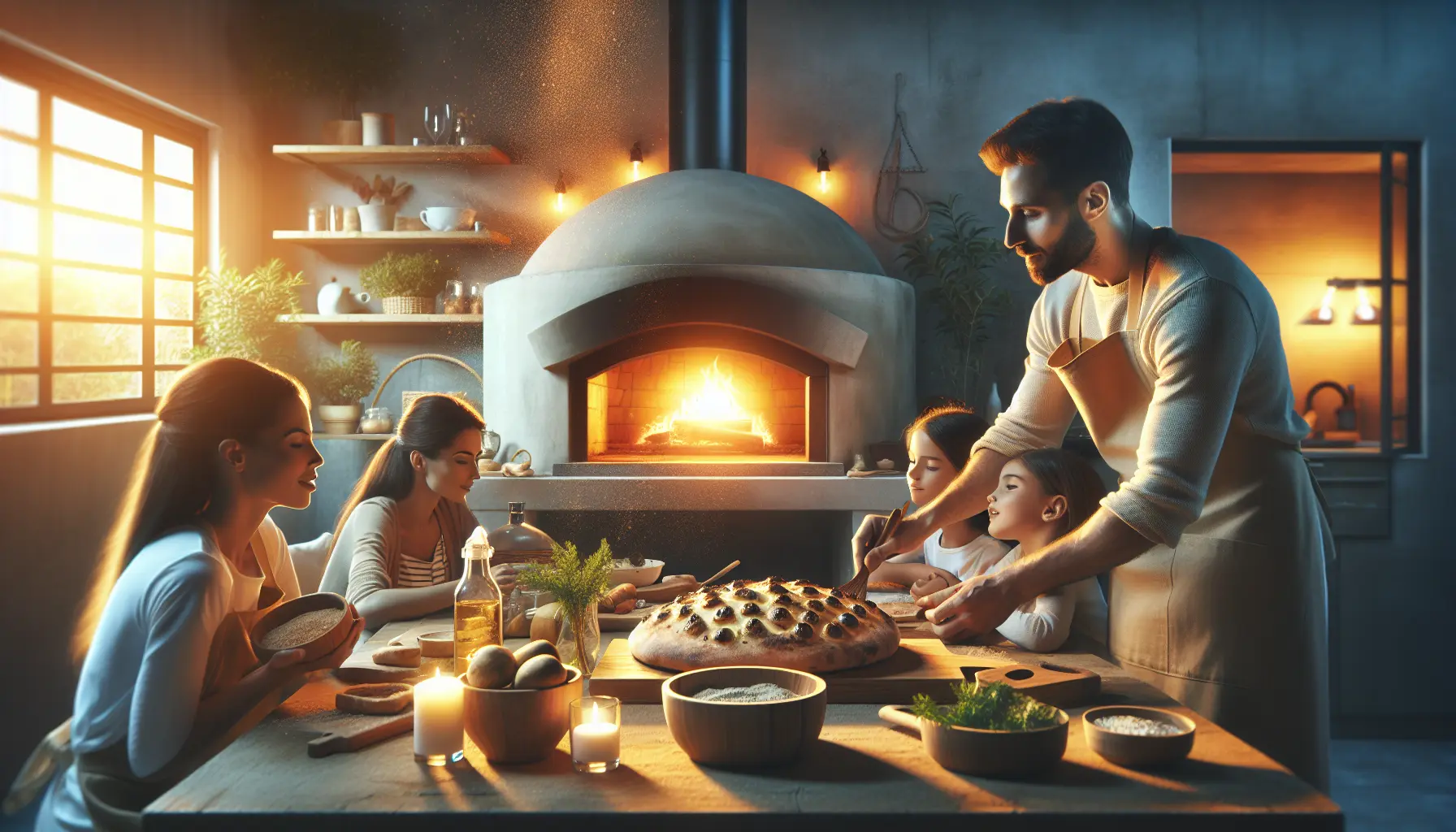 Un forno a legna acceso con pizze e pane in cottura, circondato da amici e familiari che condividono un momento di convivialità.