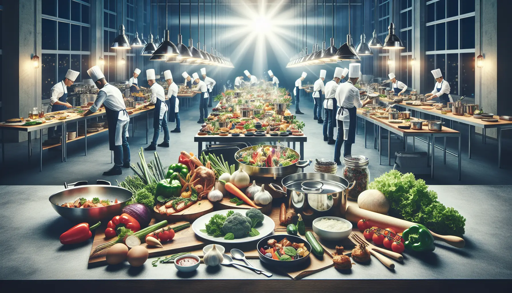 Un grande tavolo imbandito con piatti tradizionali pronti per essere serviti a un gruppo di persone.