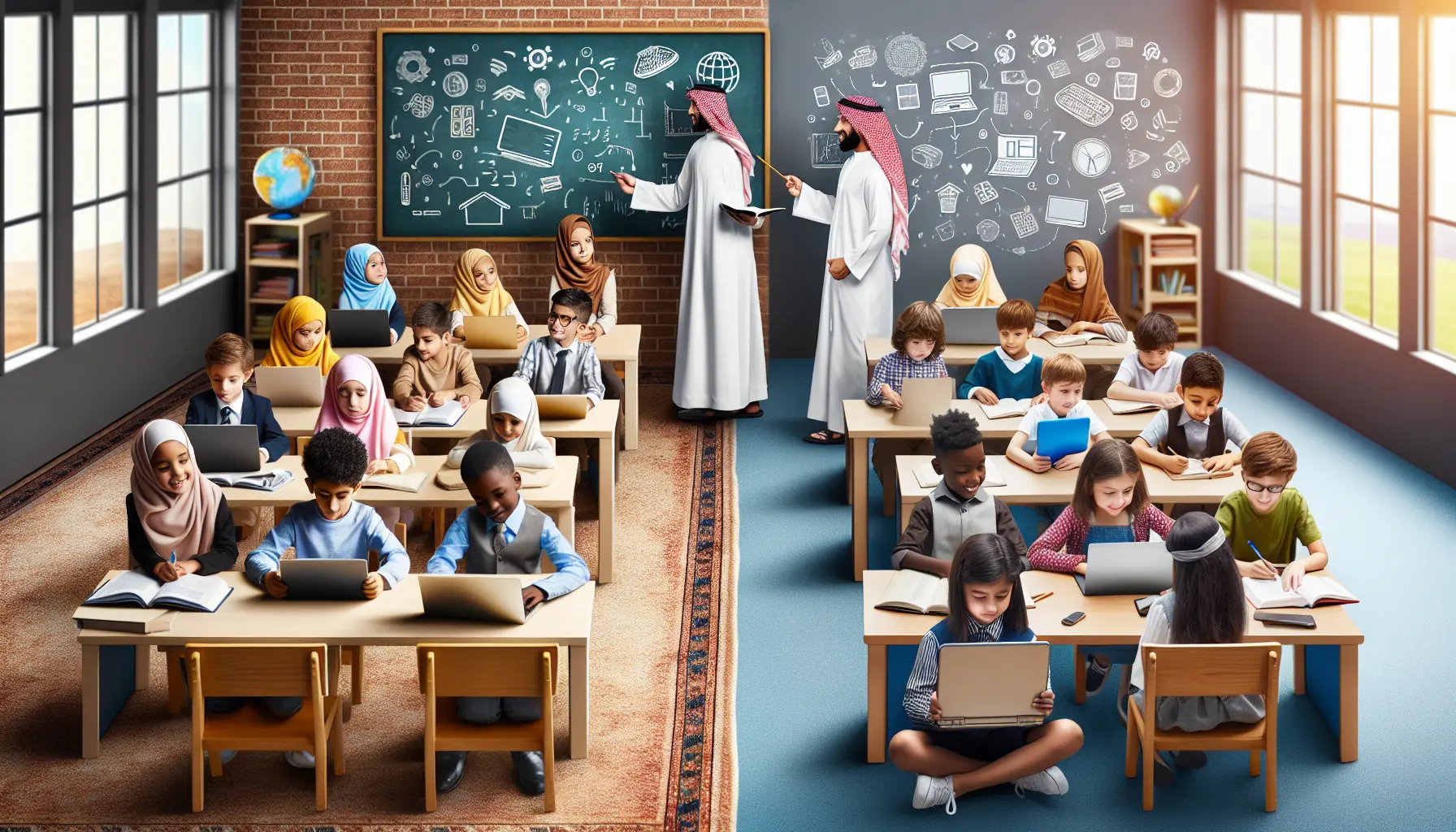 Un genitore aiuta il proprio figlio a studiare utilizzando un computer e materiali didattici.