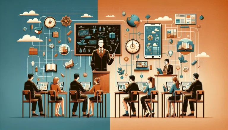 Un insegnante che utilizza strumenti digitali per insegnare in aula, con studenti che interagiscono attraverso dispositivi elettronici.